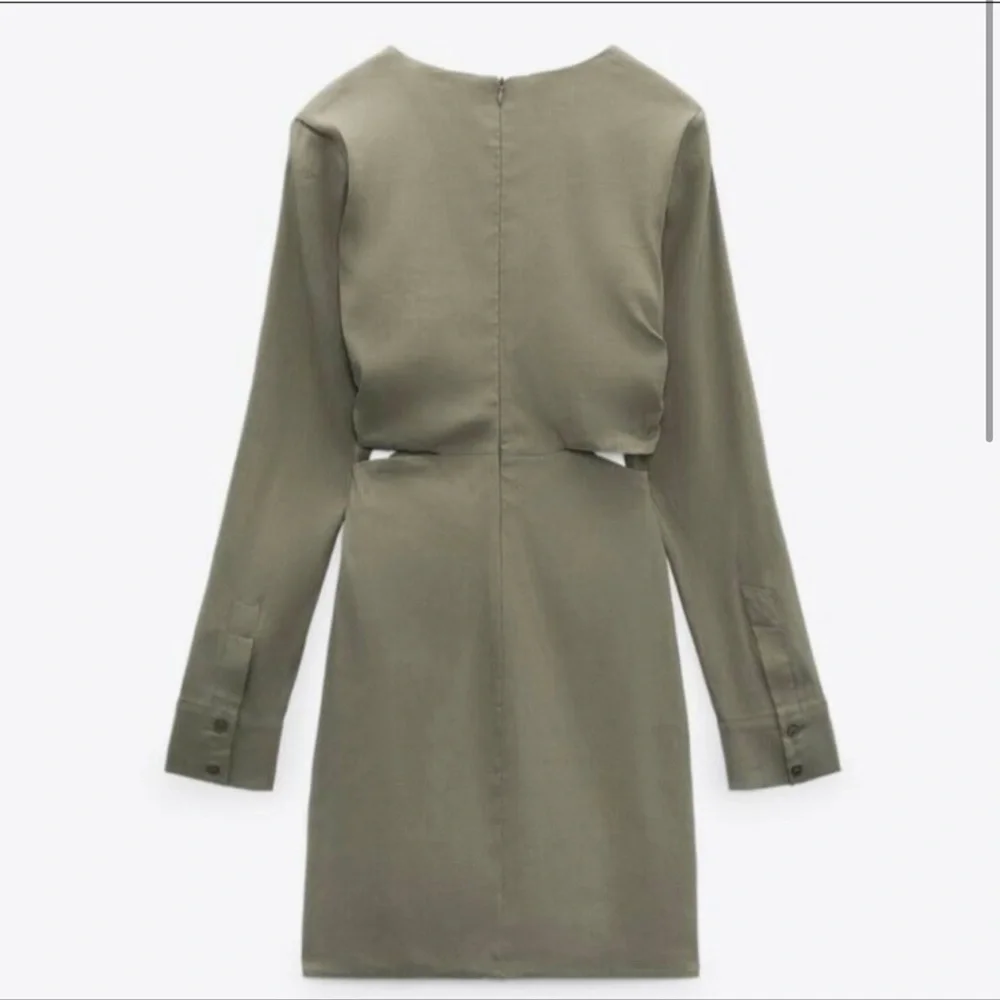 Zara * Stretchy Linen Blend Short Mini Dress Cut Out Green Olive L